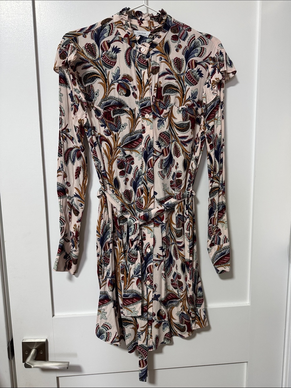 Long-Sleeve Floral Print Belted Dress in Cream